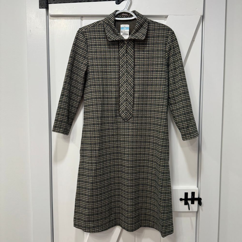 J Mclaughlin Makayla Dress XS Houndstooth Jacquard 3/4 Sleeve Collar 1/2 Zip NWT